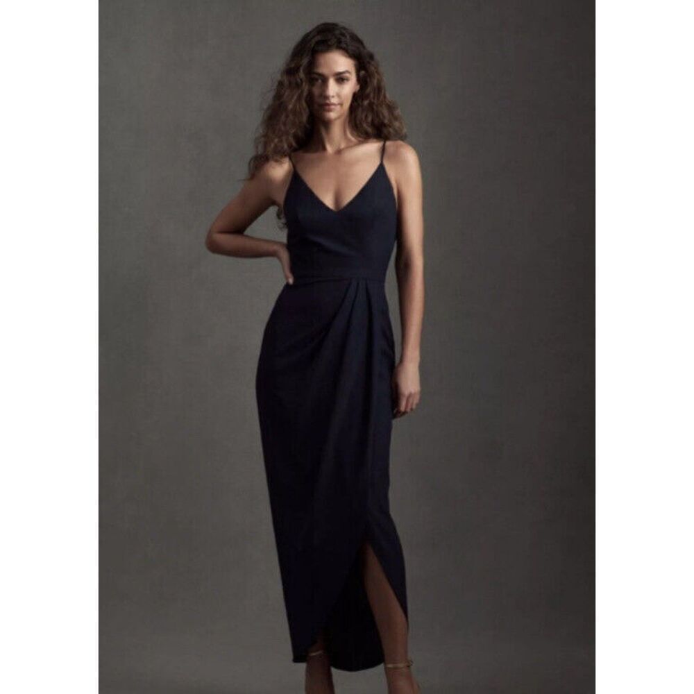 ANTHROPOLOGIE BHLDN Black Lyra V-Neck Faux Wrap Stretch Pleated Midi Dress 6